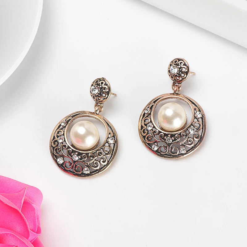 Wbmqda Fashion Turkish Pearl Earring For Women Antique Gold Color Accessories Shiny Crystal Flower Party Earring Vintage Jewelry