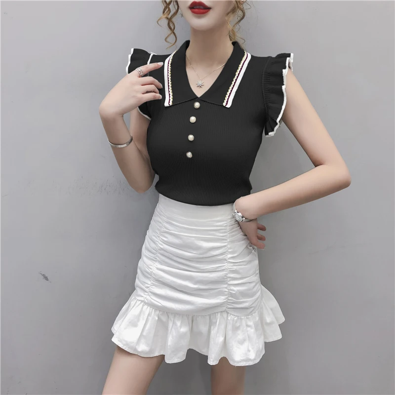 Summer Fashion Korean Slim Crop Tops Women Turn-down Collar Knitted T-shirts Sleeveless Ruffles T Shirt Female Tee Shirt Femme