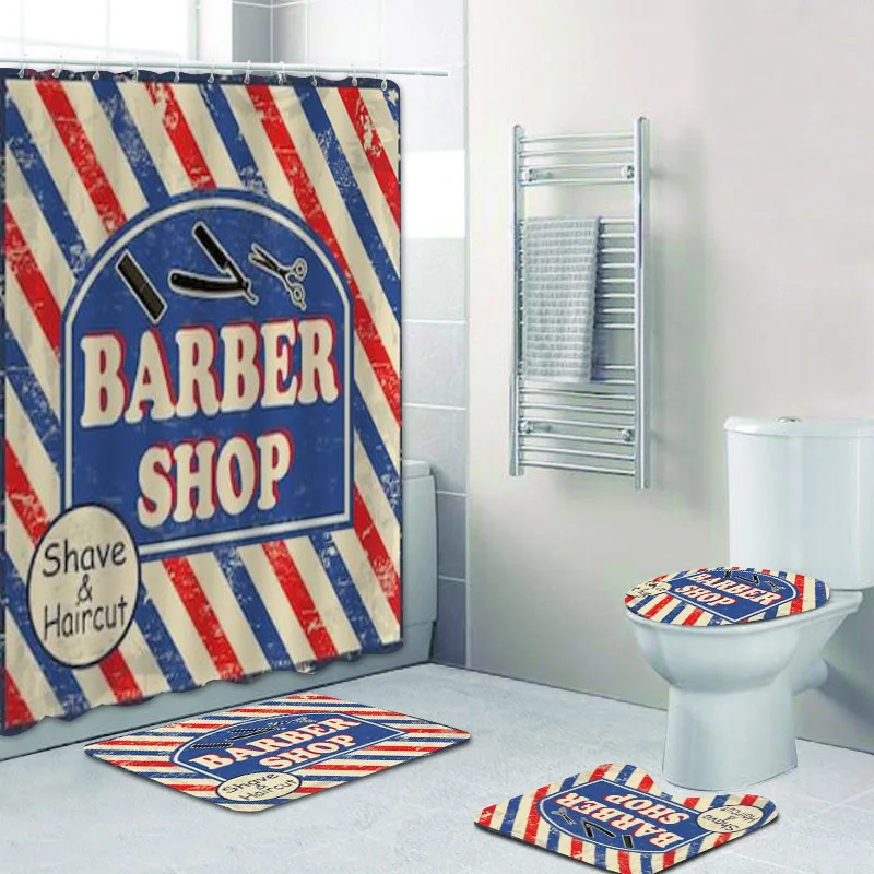 

4PCS Retro Barber Shop Pole Shower Curtains Bathroom Curtains Waterproof Fabric Barbershop Bath Curtains Mats Rugs Toilet Decor