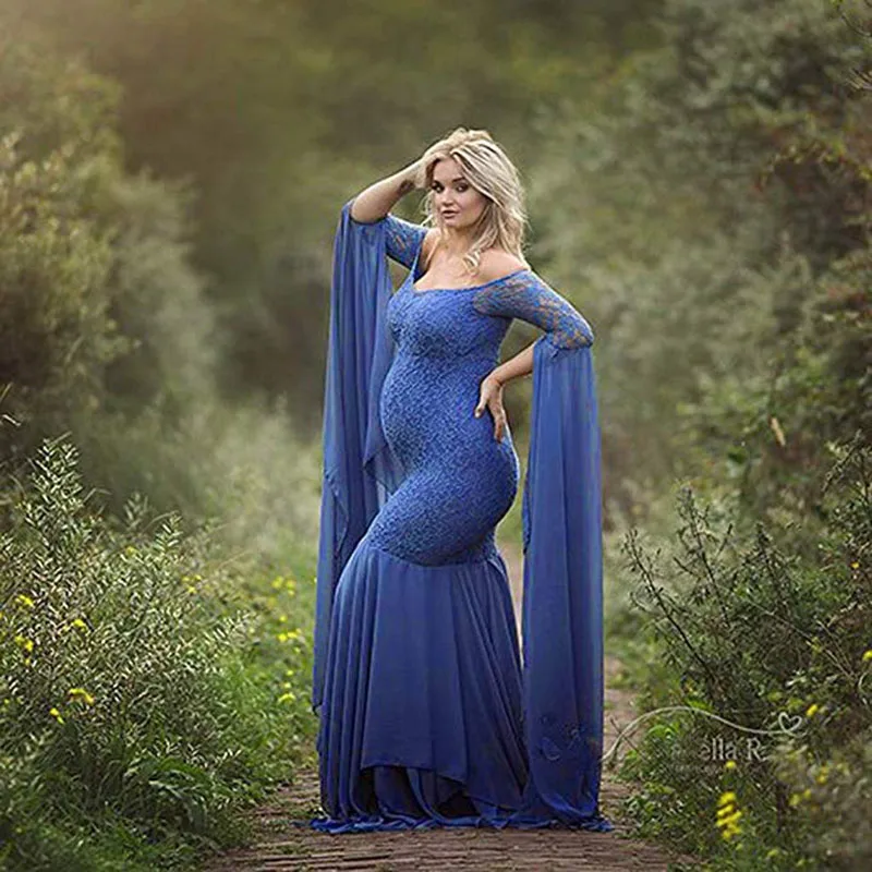 Robe Longue Sirène en Mousseline de Soie et Dentelle pour Femme Enceinte, Tenue de Grossesse Sexy pour Séance Photo