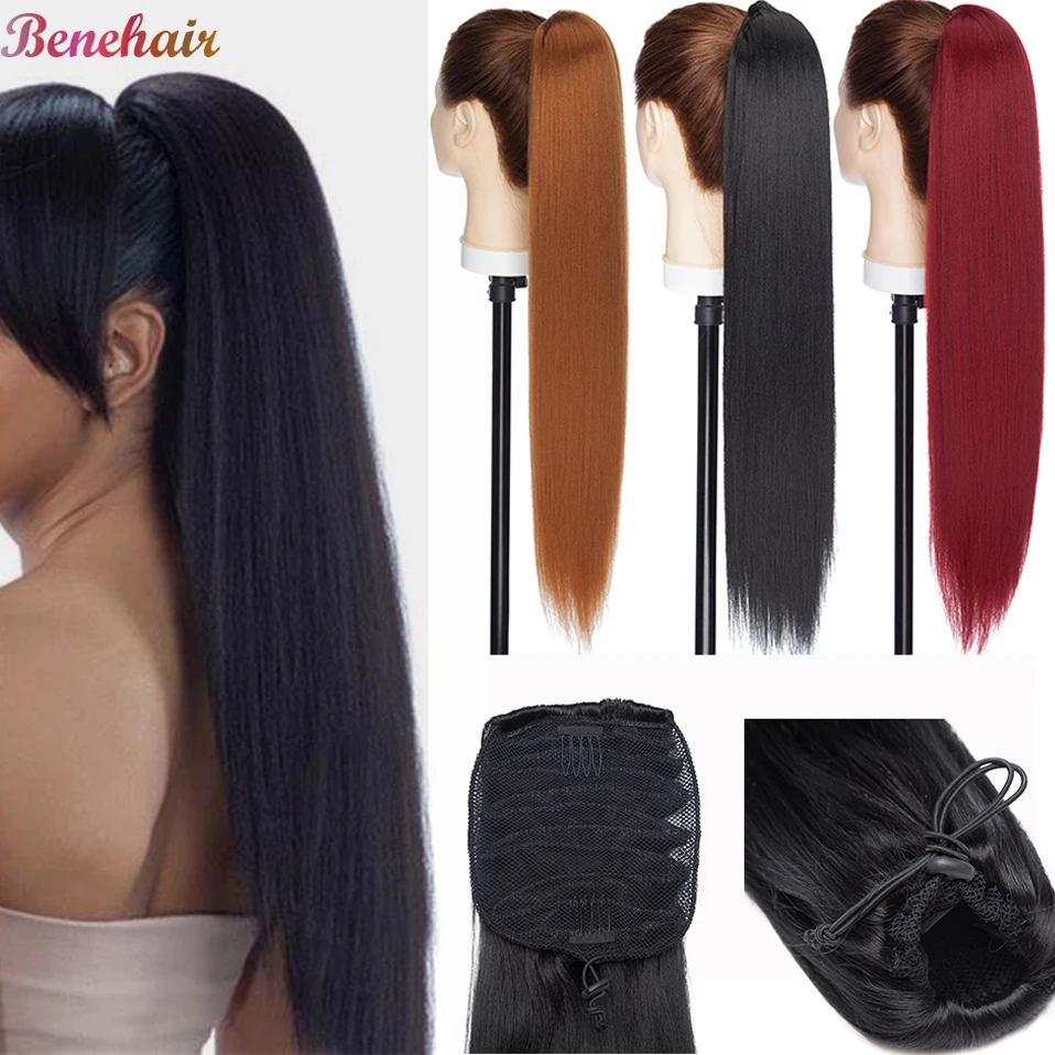 Benehair-coleta de pelo largo y liso para mujer, extensión de cabello sintético Yaki de 22 pulgadas con cordón, cola de caballo esponjosa con Clip