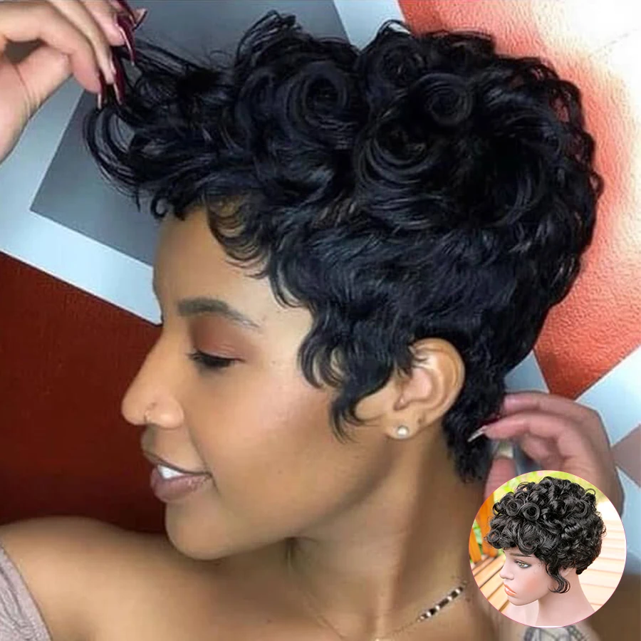 Short Human Hair Wigs For Black Women Cheap Curly Human Hair Wig FASHION LADY HAIR Short Pixie Cut Hair Wig With Curl Remy