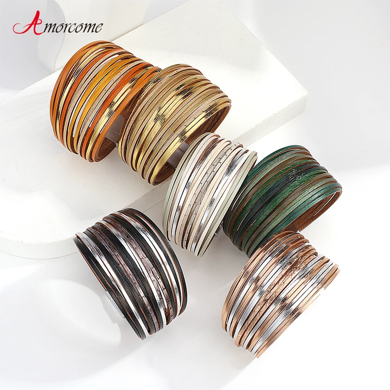 Amorcome Bohemian Contrast Color Splice Slim Stripe Leather Bracelet for Women Multilayer Wide Wrap Bracelet Couple Jewelry Gift