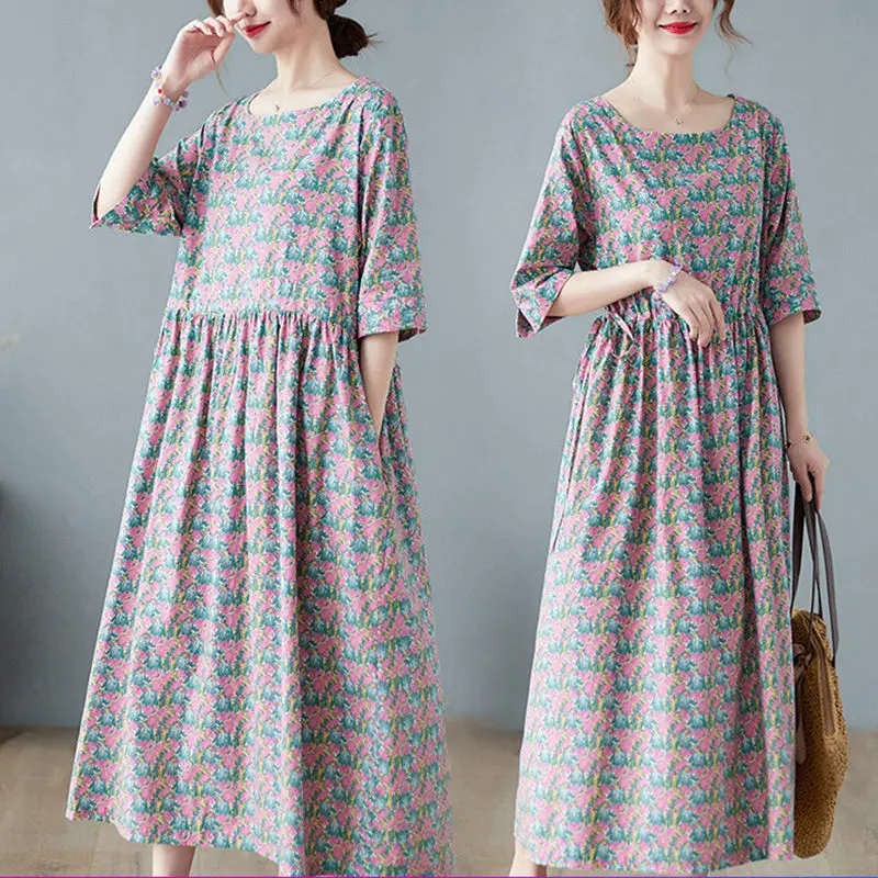 

2022 Spring Autumn New Retro Floral Cotton Linen Half Sleeve Dress Women Clothing Drawstring Female Vestidos e303