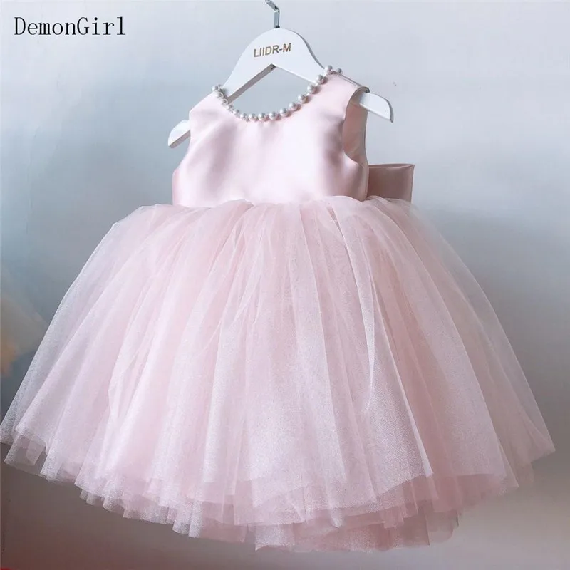 White Tulle Pearls Baby Girls Dress Kids Clothes Bow Birthday Party Gown Girls Baptism Princess Christening Evening Clothes