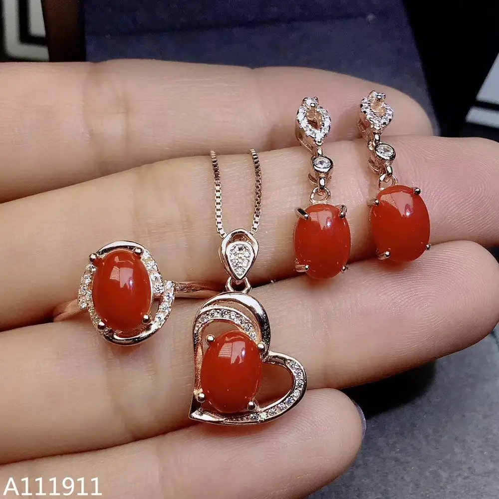 KJJEAXCMY fine jewelry 925 sterling silver inlaid Natural Red Coral Necklace Ring Earring Suit trendy Support Detection noble