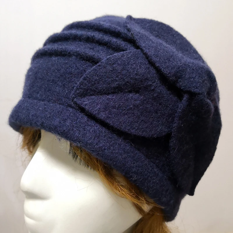 Vintage black woolen hat dome bow lotus leaf big hat lady autumn and winter hat temperament hat