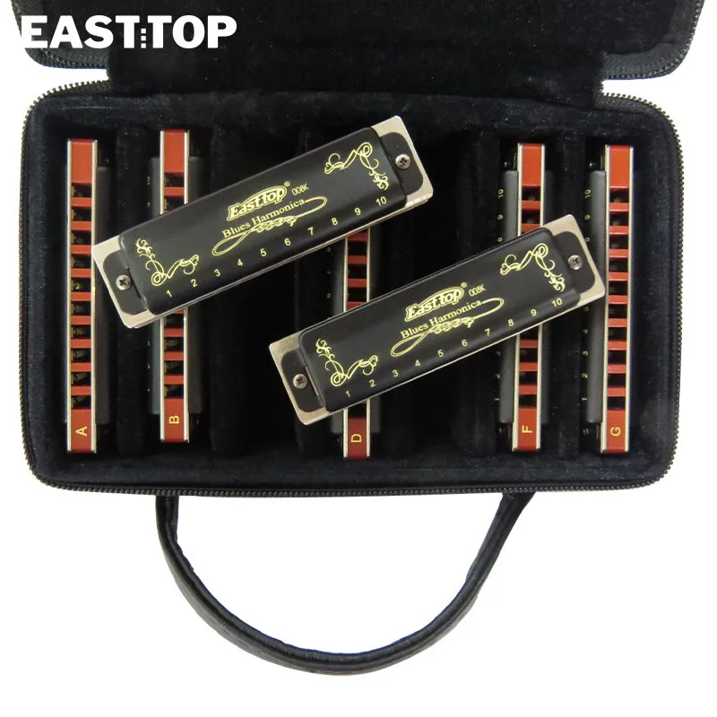 EASTTOP T008K-7 Diatonic Harmonica Set 10 Holes Blues Harp Diatonic Mouth Organ Harmonica Set 7 Keys For Adults Band Player