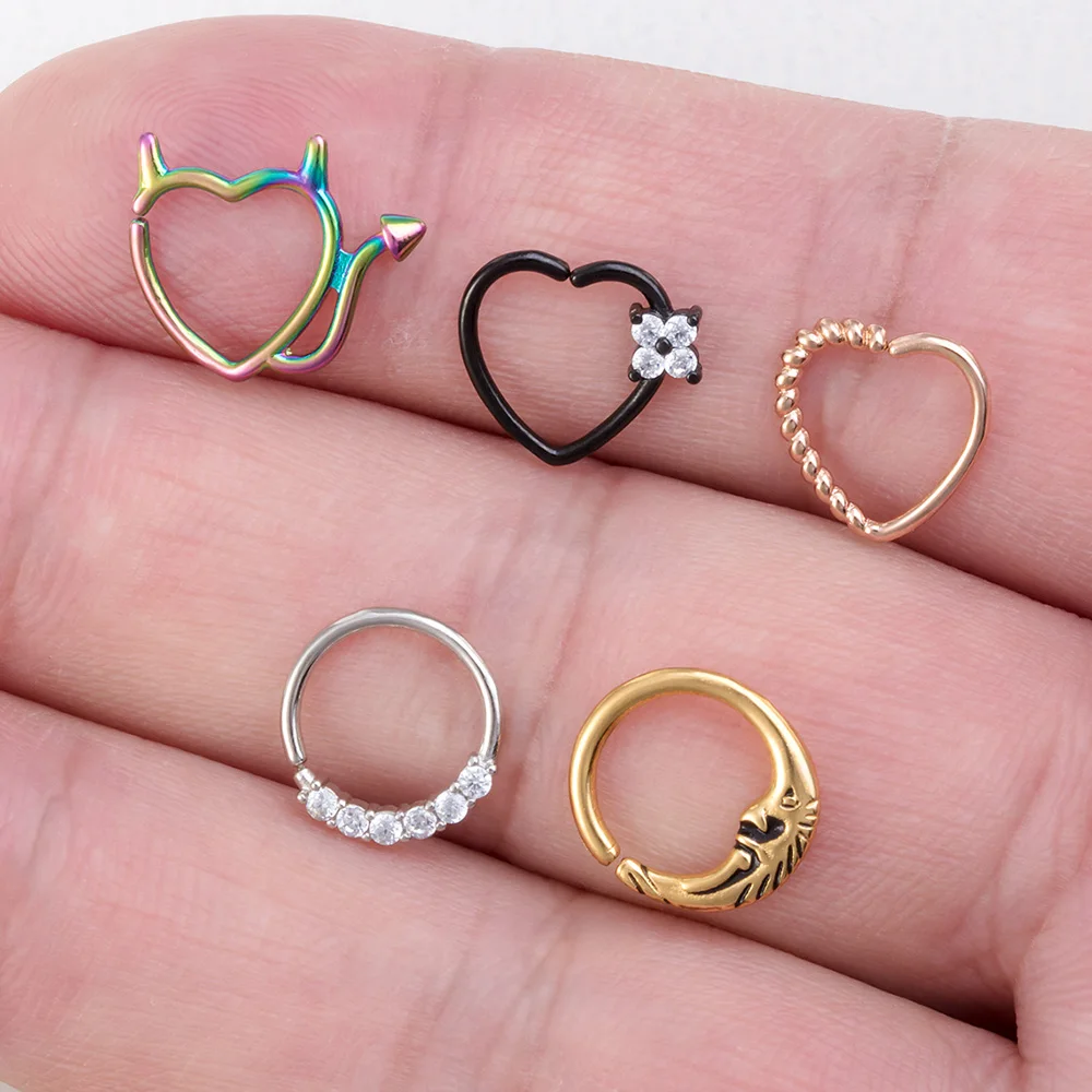 1PC Heart Moon Brass Zircon Nose Ring Nostril Hoop Copper Daith Tragus Cartilage Earring Hoops Septum Piercing Jewelry for Women