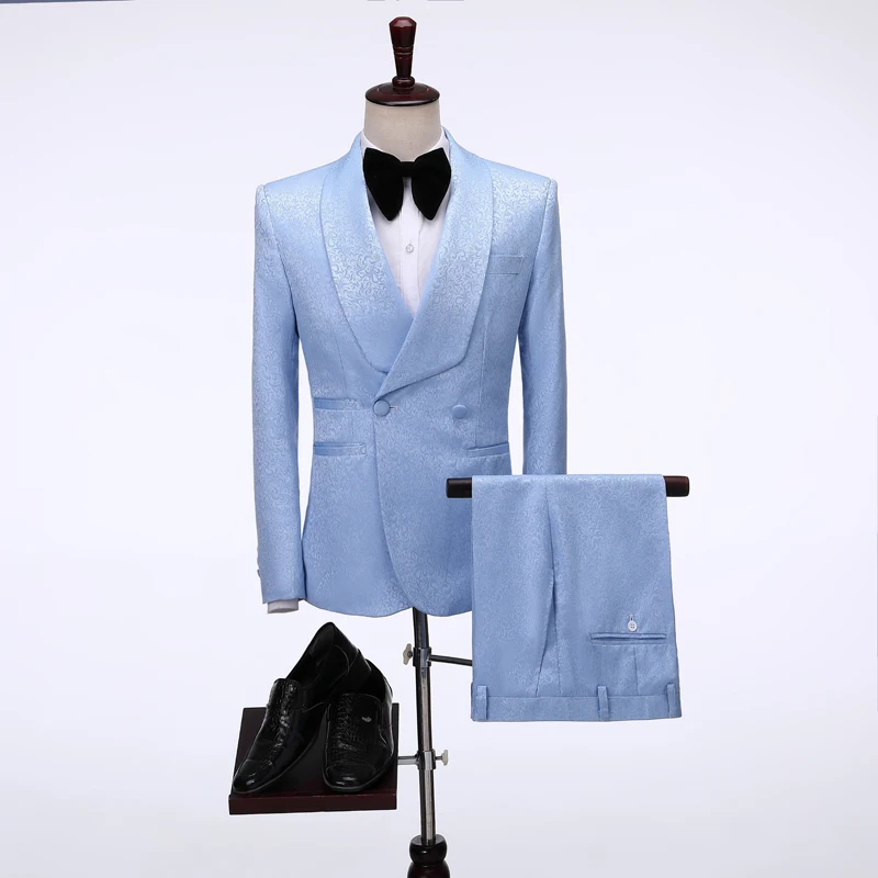 

2020 Brand Men Sky Blue Jacquard Double Breasted Wedding Groom Suit With Pants Tuxedo For Men Wedding Suits Prom Best Man Suit