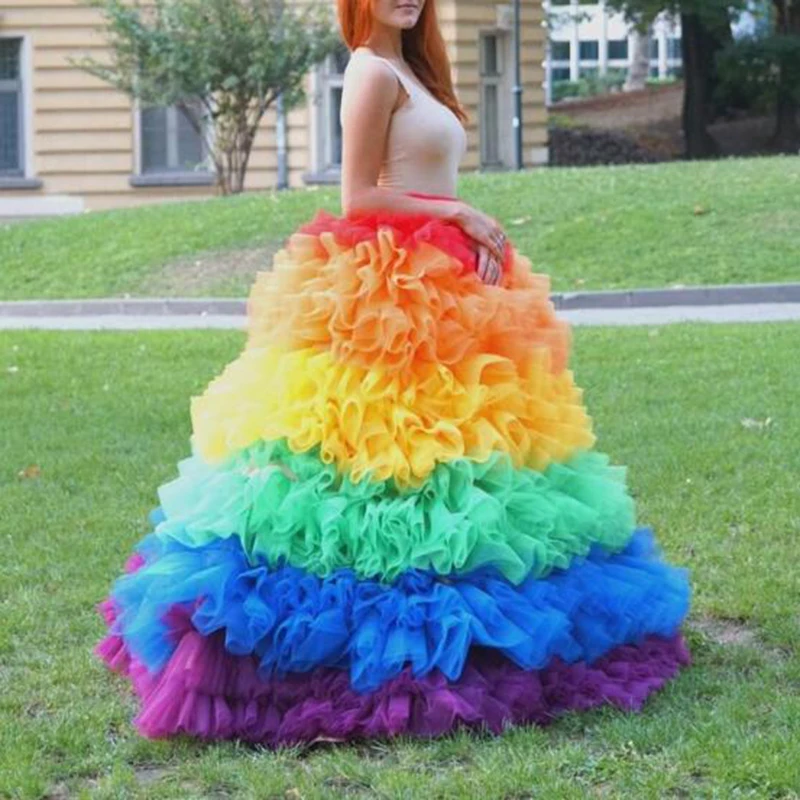 

Chic Tiered Rainbow Color Tulle Ball Gown Long Skirt 2020 Ladies Puffy Tulle Formal Prom Skirt Women Zipper Style Cosplay Skirts