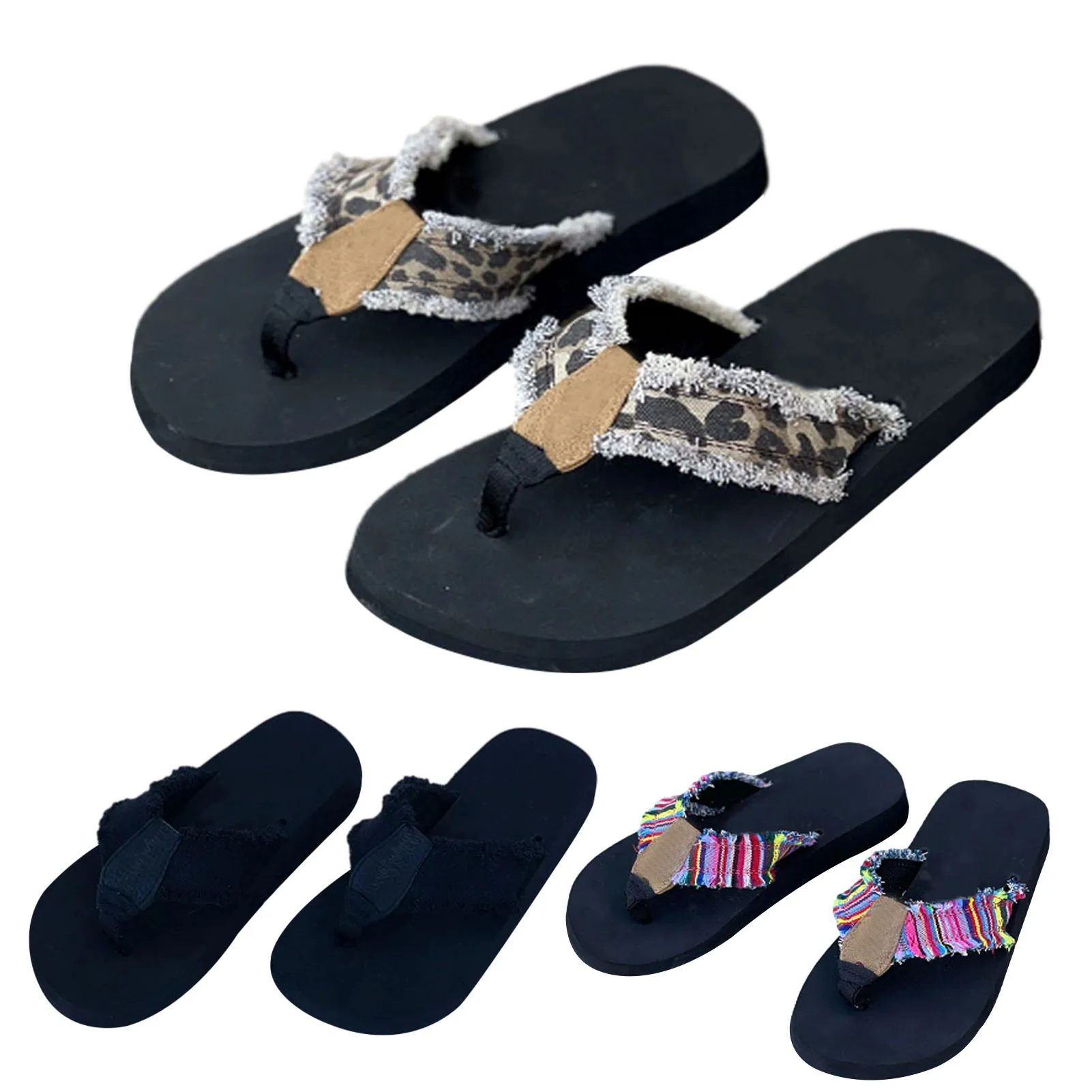 lady Flip-flops leopard/canvas ruffle T-type vamp Bandage flat shoes Slipper beach shoes summer sandals woman flip flops