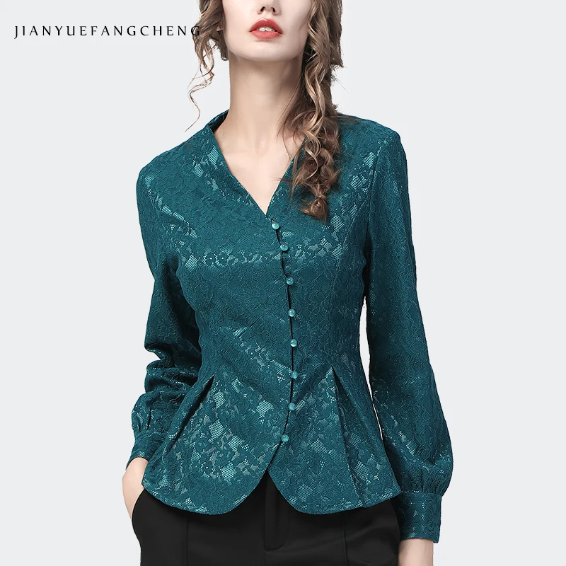 Vintage Women Lace Top Asymmetry Pearls Button Down Tunic Shirt 2021 Autumn New Long Sleeve Elegant Slim Office Ladies Blouses