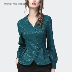 Vintage Women Lace Top Asymmetry Pearls Button Down Tunic Shirt 2021 Autumn New Long Sleeve Elegant Slim Office Ladies Blouses