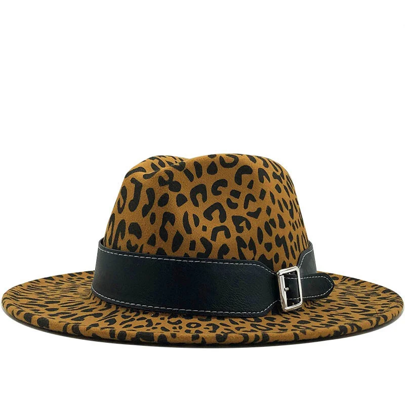 

Flat 2020 Unisex Brim Wool Felt Jazz Fedora Hats Men Women Leopard Grain Leather Band Decor Trilby Panama Formal Hats