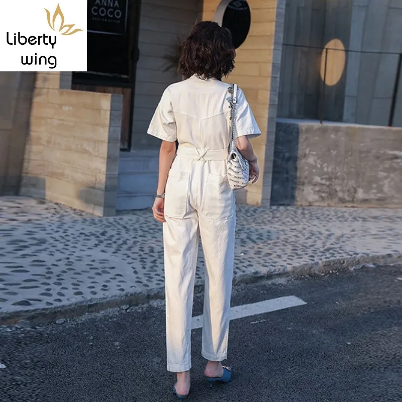 Summer New Solid White Cargo High Waist Straight Women Fashion Casual Sashes Short Sleeve Ladies Jumpsuits Hot