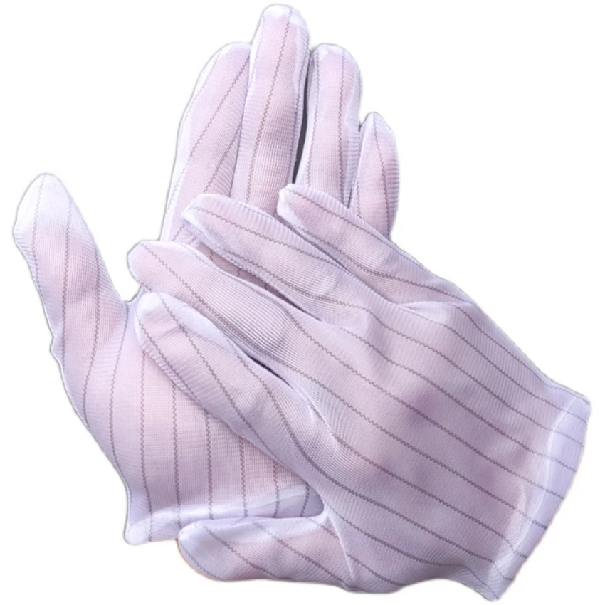 Guantes antiestáticos recubiertos de rayas y puntos, protección de seguridad para las manos, limpieza de cámaras DSLR, color blanco, 1 par