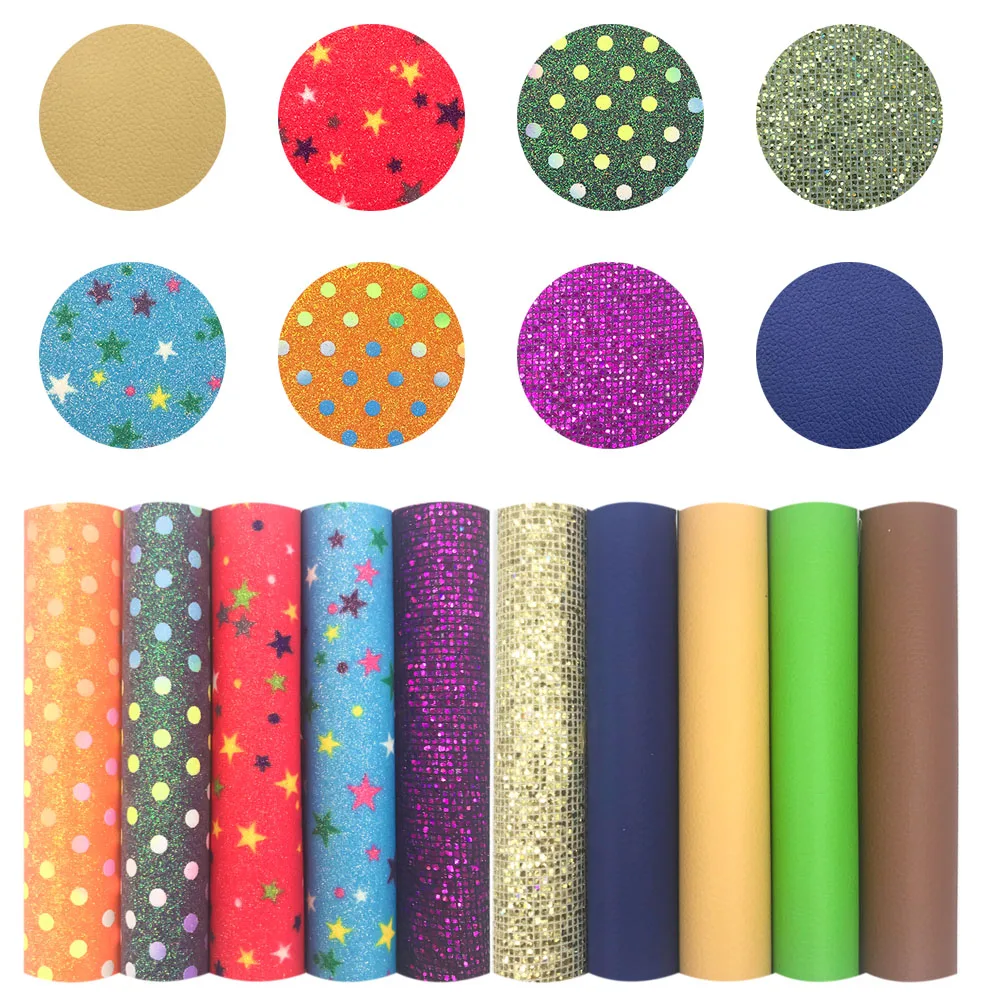 10pcs Polka Dot Star Grid Glitter PU Leather Fabric Cartoon Iridescent DIY Bow Bag Toy Craft Decor Handmade Wholesale 20*15cm