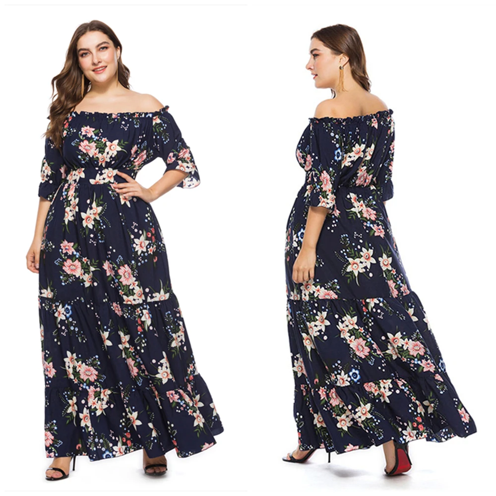 2021 Summer Hot Sale European And American Style Plus Size Bohemia Slash Neck Printed Dress For Women