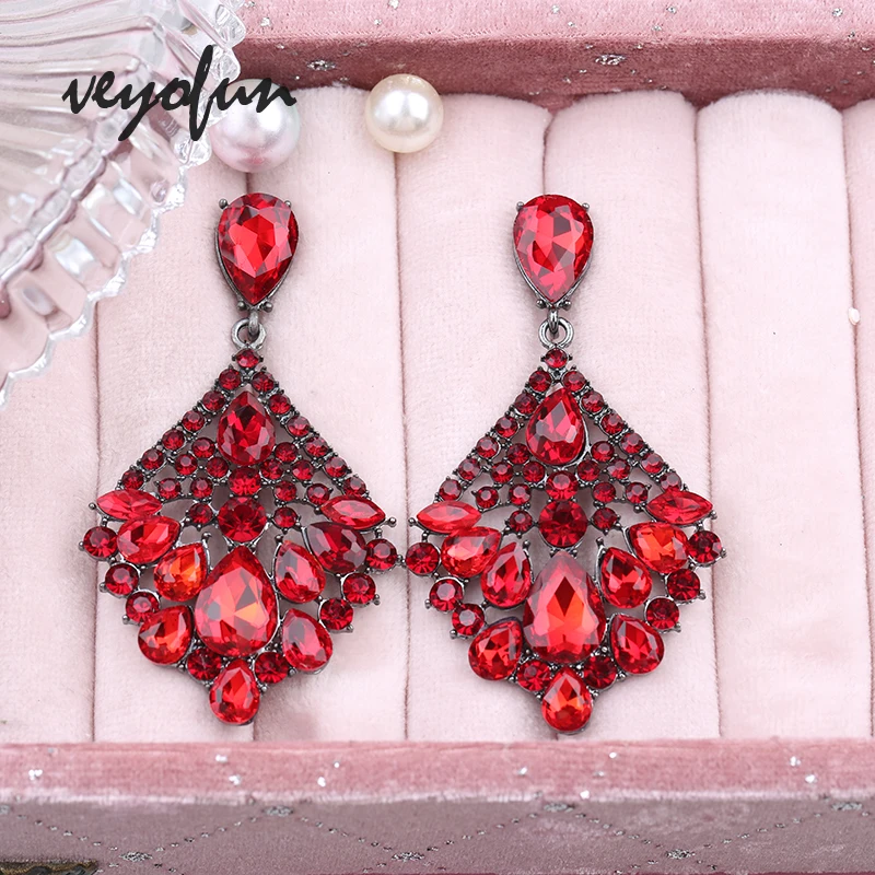 Veyofun Vintage Hollow Crystal Drop Earrings Luxury Red Color Rhinestone Dangle Earrings for Women Fashion Jewelry