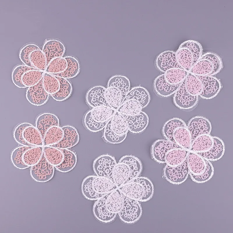 6PCS Double-layer Organza Embroidery Mesh Flower Tulle Fabric  Patch DIY Clothing Girl Hairpins Headwear Appliques