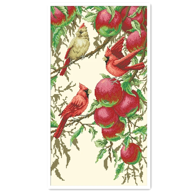 Cardinals and apples cross stitch kits package 18ct 14ct 11ct light yellow silk cotton thread embroidery needlework wall decor