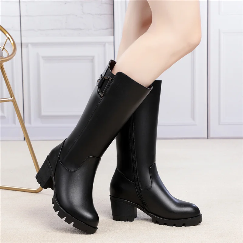 MORAZORA Plus size 35-43 Real Wool Women Boots Square High Heels Cow Leather Mid Calf Warm Winter Boots Thick Fur Snow Botas