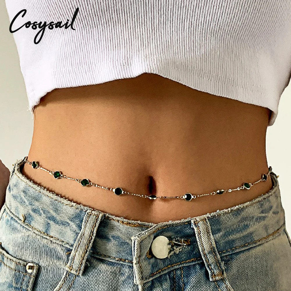 Cosysail Simple Green Crystal Beaded Waist Chain for Female Sexy Summer Beach Bikini Belly Chain Body Jewelry 2021