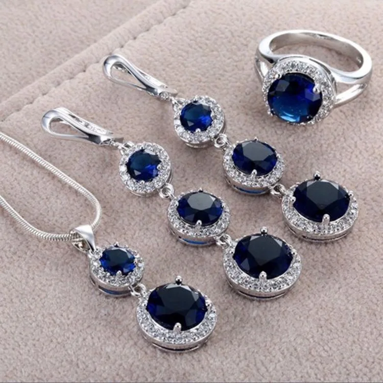 Luxury Bridal Wedding Jewelry Set Elegant Silver Plated Round Cut Blue Zircon Necklace Earrings Crystal Ring Cocktail Jewelry