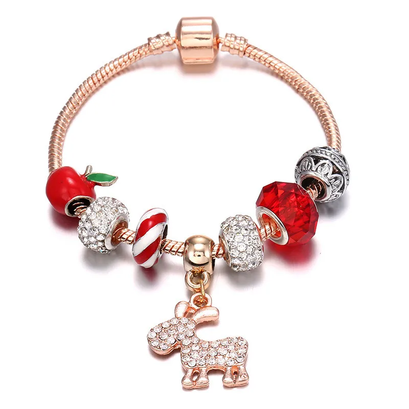 Metal Christmas Bracelet Red Crystal Snowman Elk Beads Fit Women New Year Jewelry Fine Beads Bracelet Rose Gold Party Made Gifts