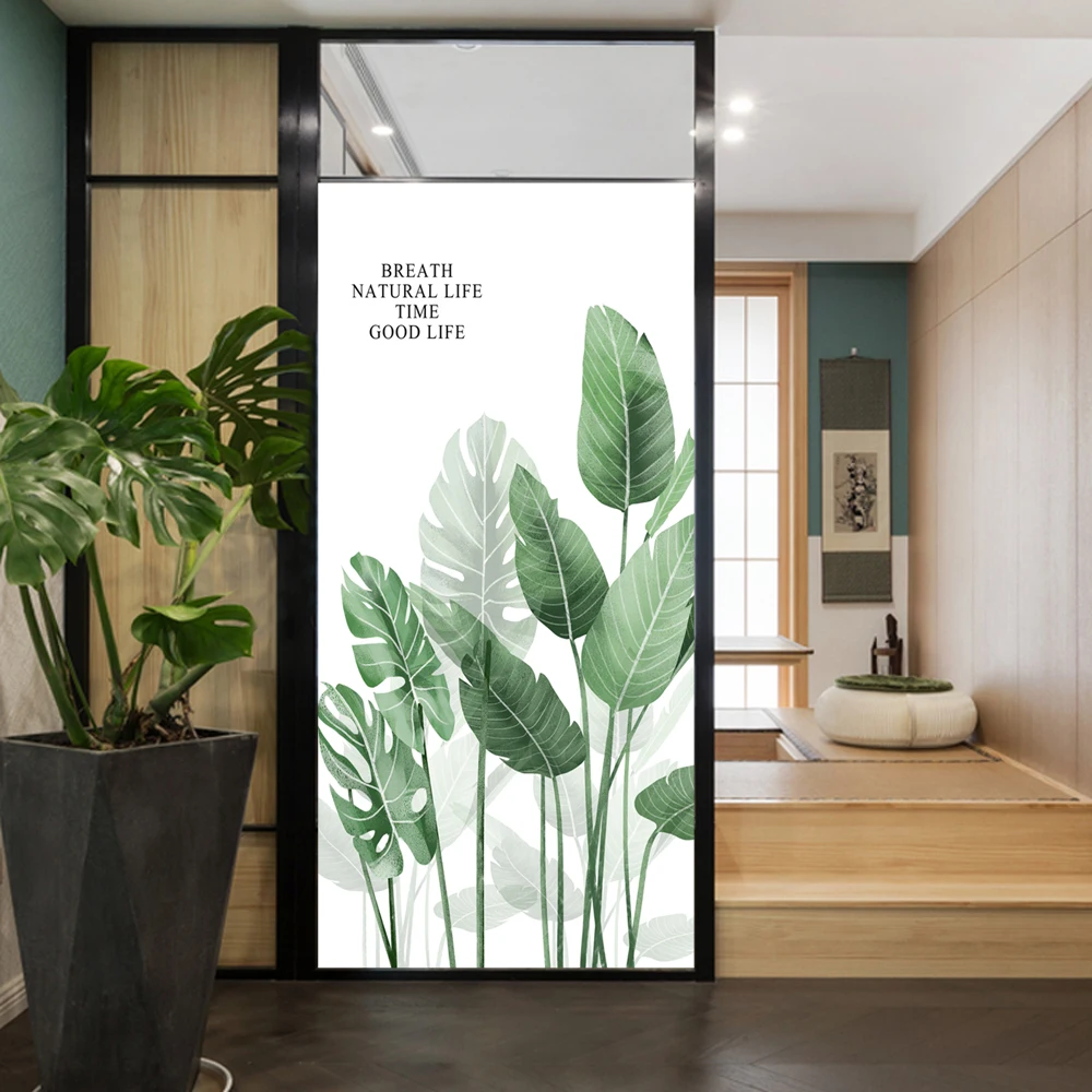 Static Cling Privacy Window Film Green Plants Decorative Window Film Frosted Glue Free Glass Window Sticker for Home Decor