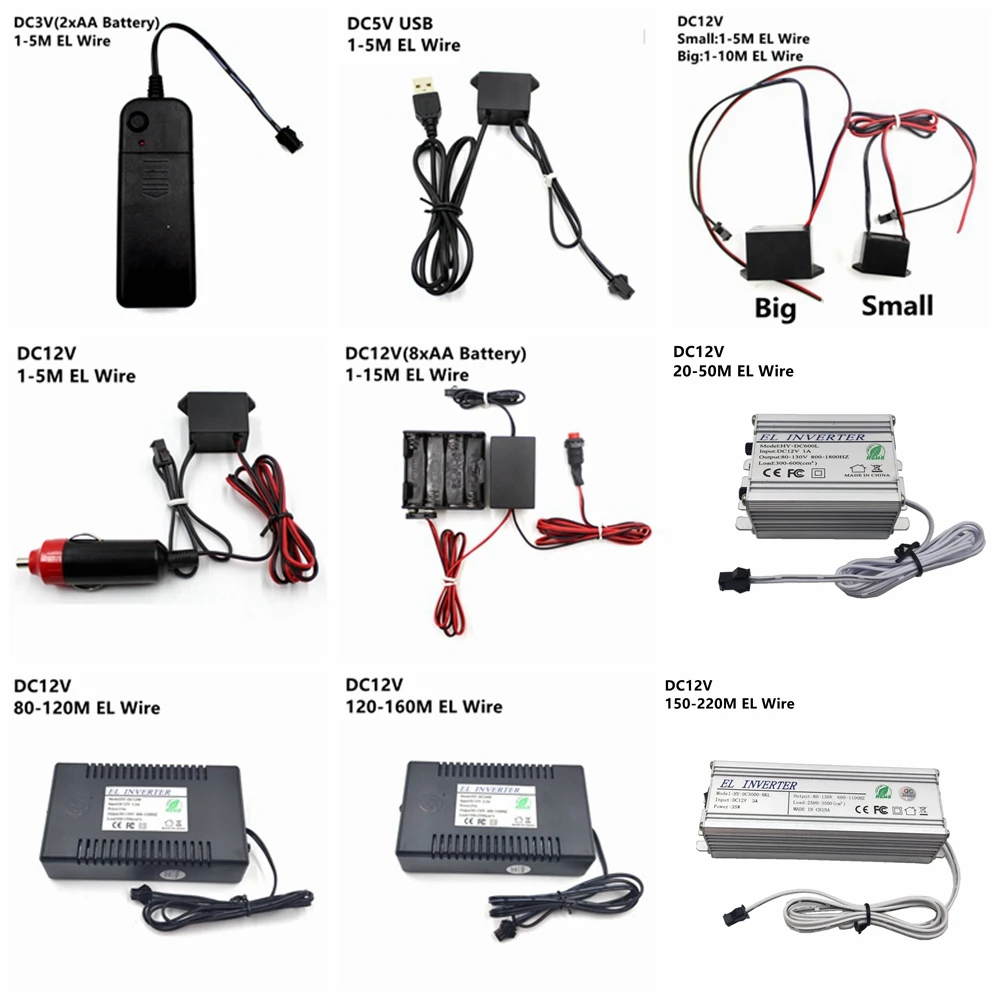 DC 3V AA 배터리 5V USB 12V 전원 공급 장치 어댑터 드라이버 컨트롤러 인버터, 1-220M El 와이어 전계 발광 조명