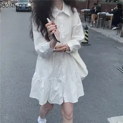 White Dress Women Elegant Aesthetic A-line Spring Cute Japan Style Long Sleeve Ulzzang Harajuku Clothes Students Kawaii Popular