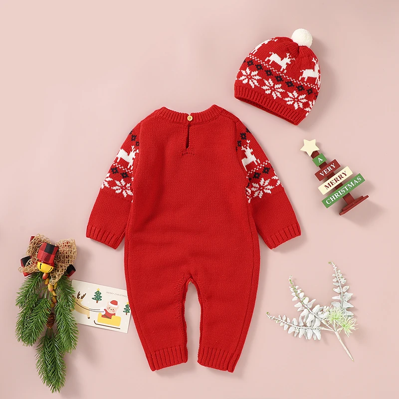 Christmas Baby Rompers Knit Newborn Boy Jumpsuit Outfit Long Sleeve Infant Girl Clothing Hat Cute Elks 2PCS Xmas Playsuit Winter