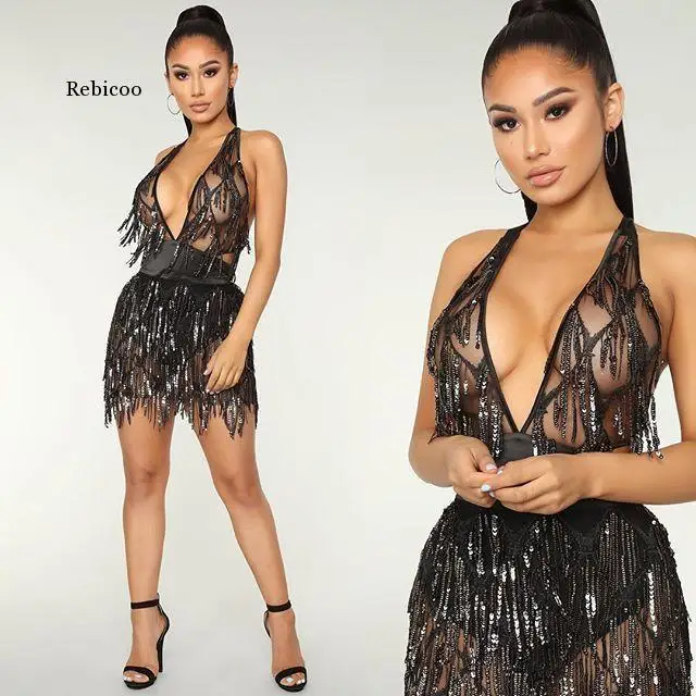 

Women V Top Tassel Dress Mini Black Sequin Bandage Party Dresses Slim Lady Clubnight Sexy Vestidos Stunning Sequin Dress