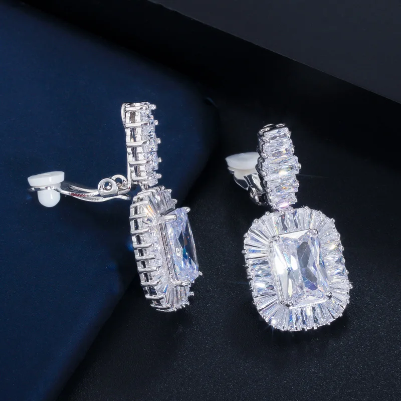 CWWZircons Non Pierced Ear Gorgeous Top Cubic Zirconia Crystal Women Party Clip On Long Earrings without Piercing CZ586