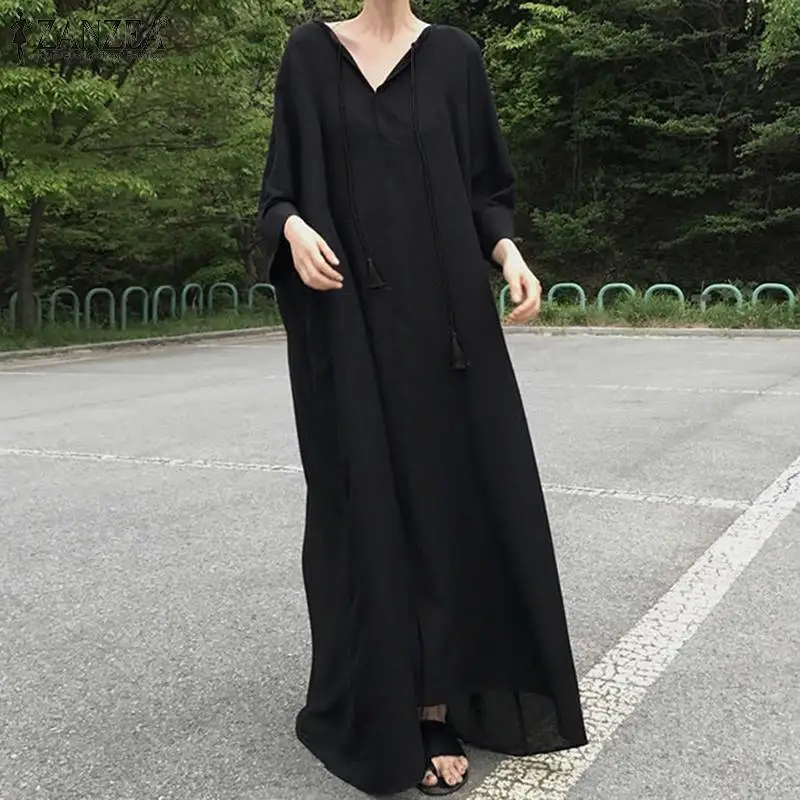 ZANZEA Women Dress Autumn Black Maxi Long Sundress Robe Vintage V neck  Sleeve Cotton Linen Vestido Solid Kaftan Femme 7