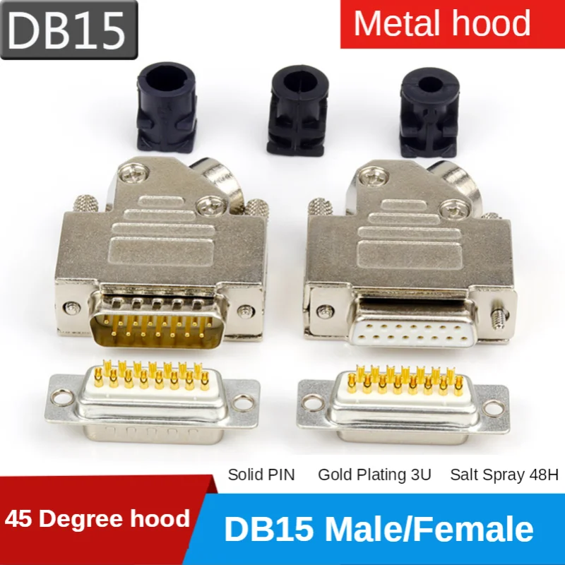 DB15 Male Plug / Female Socket 45 Degrees Metal Shell Kit 2 Rows 15 Pin Serial Port Connector Socket D-SUB15 Adapters