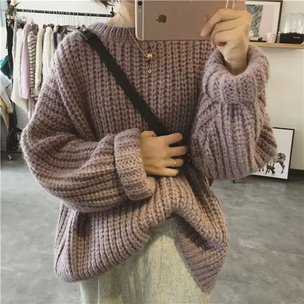 Pullover Women Solid O-neck Knitted Stylish Retro Loose Harajuku Korean Style Chic Daily Womens Sweaters All-match Winter Simple