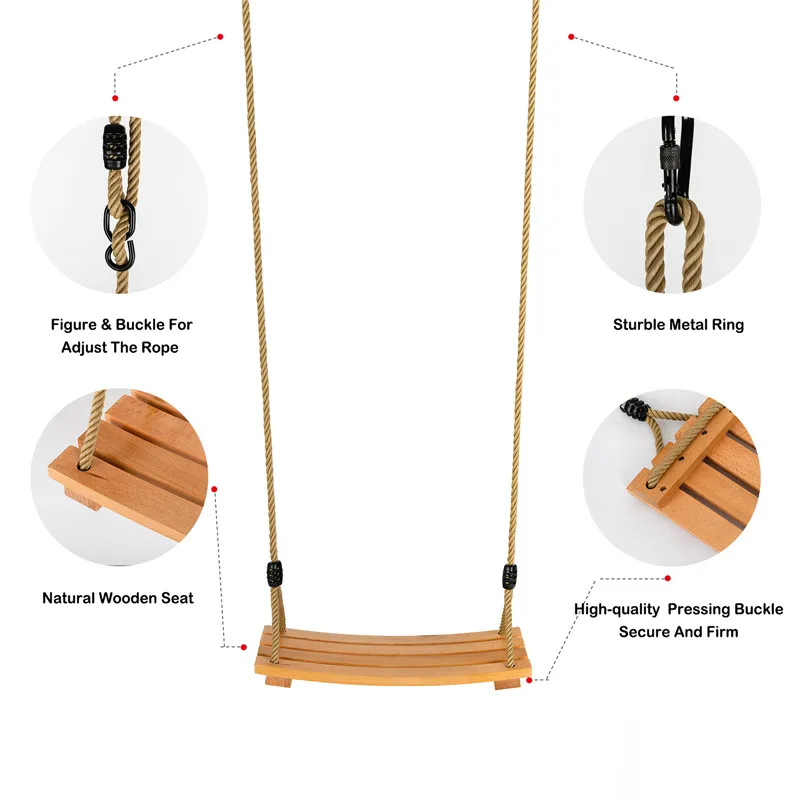 Siège pivotant en bois avec corde réglable, chaise pivotante en bois pour l'intérieur et l'extérieur pour enfants adultes