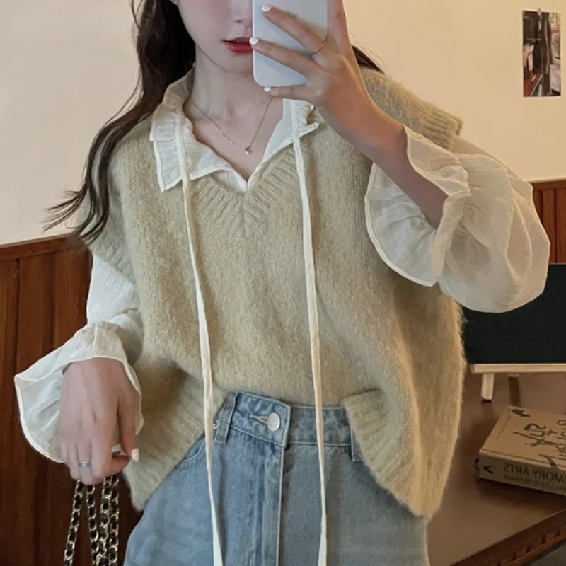 

Sweater Vest Women V-neck Loose Korean Style Sleeveless Sweaters Womens Elegant All-match Stylish Gentle Jumpers Casual Clothing