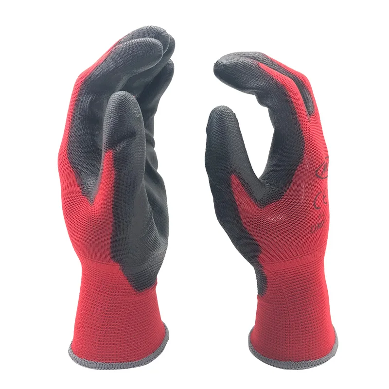 24 Pieces/12 Pairs Industrial Working Gloves 13 Gauge Knitted Red Nylon Dipped PU Nitrile Coated Palm Security Protective Gloves