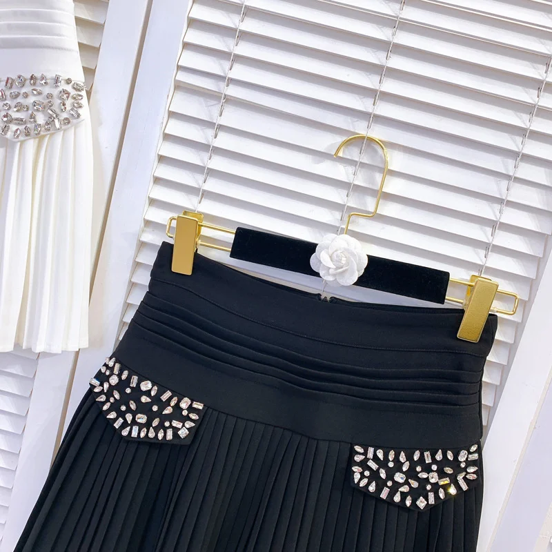 Women Summer Rhinestone Mini Pleated Skirts Fashion Sweet High Waist Slim Fit A-Line Skirts Office Lady White Short Skirts