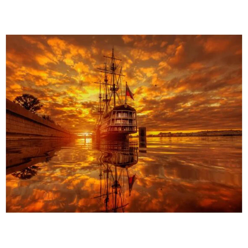 Full Square 5D Diy Sunset Boat Landscape Embroidery Ship Mosaic Picture Rhinestones Diamond Painting Art Stickers Gift    FH706