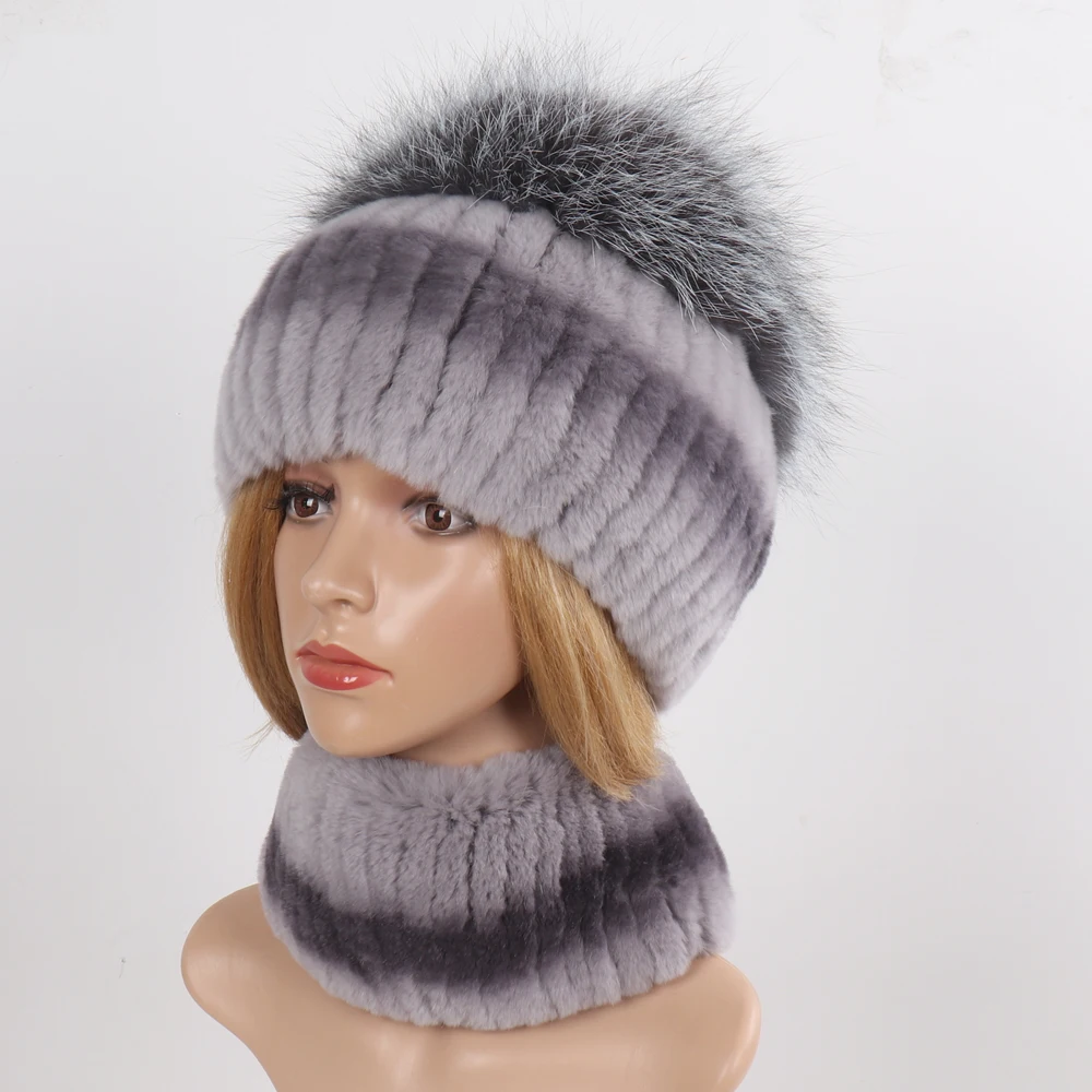 Women's Winter Warm Genuine Fur Hat Scarf Set Real Rex Rabbit Fur Cap with Silver Fox Scarves 2-Piece Natural Fashion Accessory