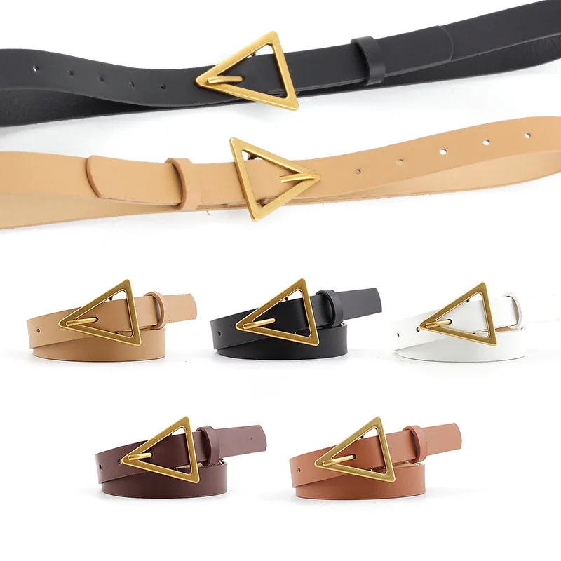 New Design Personality Leather Thin Belt Metal Triangle Buckle Thin Female Belts Jeans Trouser Dress Lady Fashion Waist Strap