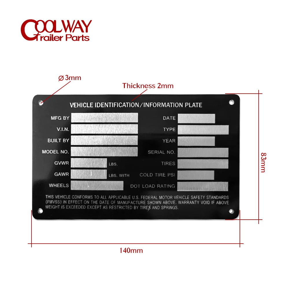 Heavy Duty Aluminum Blank Trailer Truck Equipment Frame Plate Serial Model ID Tag GVWR Powder Coated Finish RV Parts Accessories