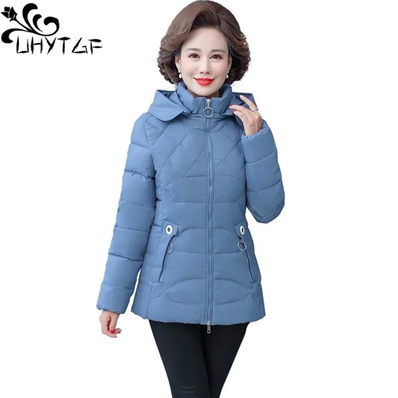 UHYTGF Down Cotton Coat Women Short Jacket Thick Hooded Tops Warm Autumn Winter Coat Womens 5XL Large Size Parker Female 2290