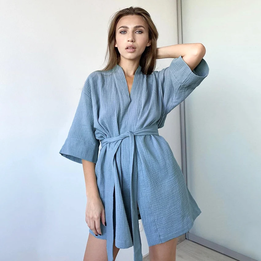 Hiloc Solid Cotton Bathrobe Female Robes Women Sexy Mini Dresses Three Quarter Sleeves Dressing Gown Dress Nightgown Home Dress