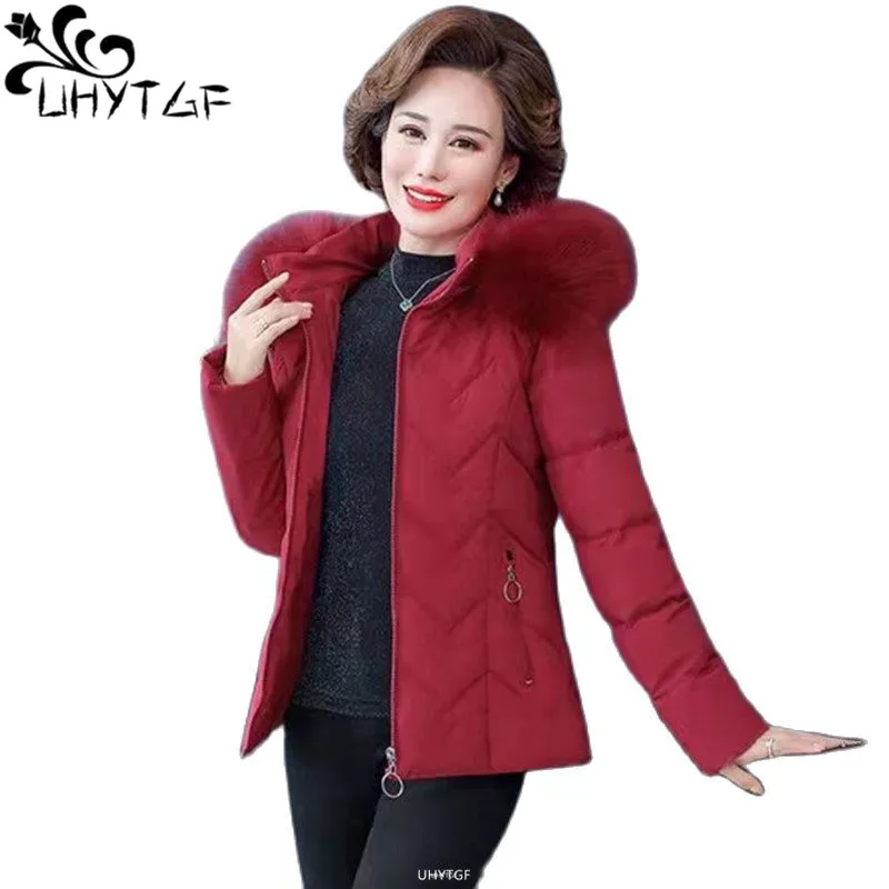 UHYTGF Short Down Cotton Winter Jacket Women's Fur Collar Hooded Cold Protection Warm Coat Zipper 4XL Loose Size Outerwear 2289